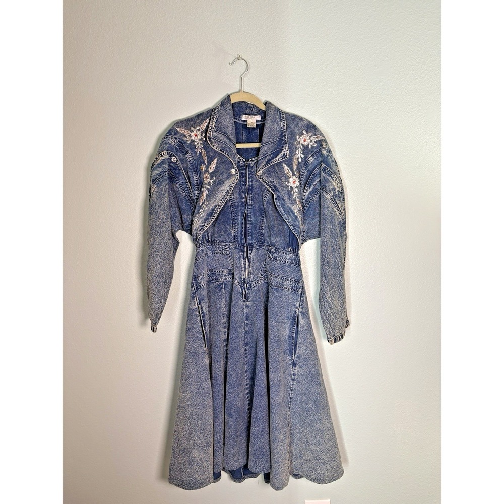 Vtg 80s ULTRA Acid Wash Denim Faux 2-Piece Dress XL Western Rhinestones Pockets